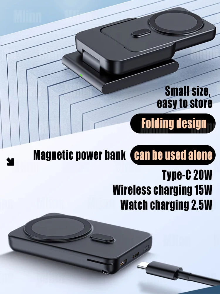 3 in 1 Wireless Charging Magnetic Station Foldable Fast Charger Stand Portable Battery Power Bank for MagSafe iPhone 15/14/13/12