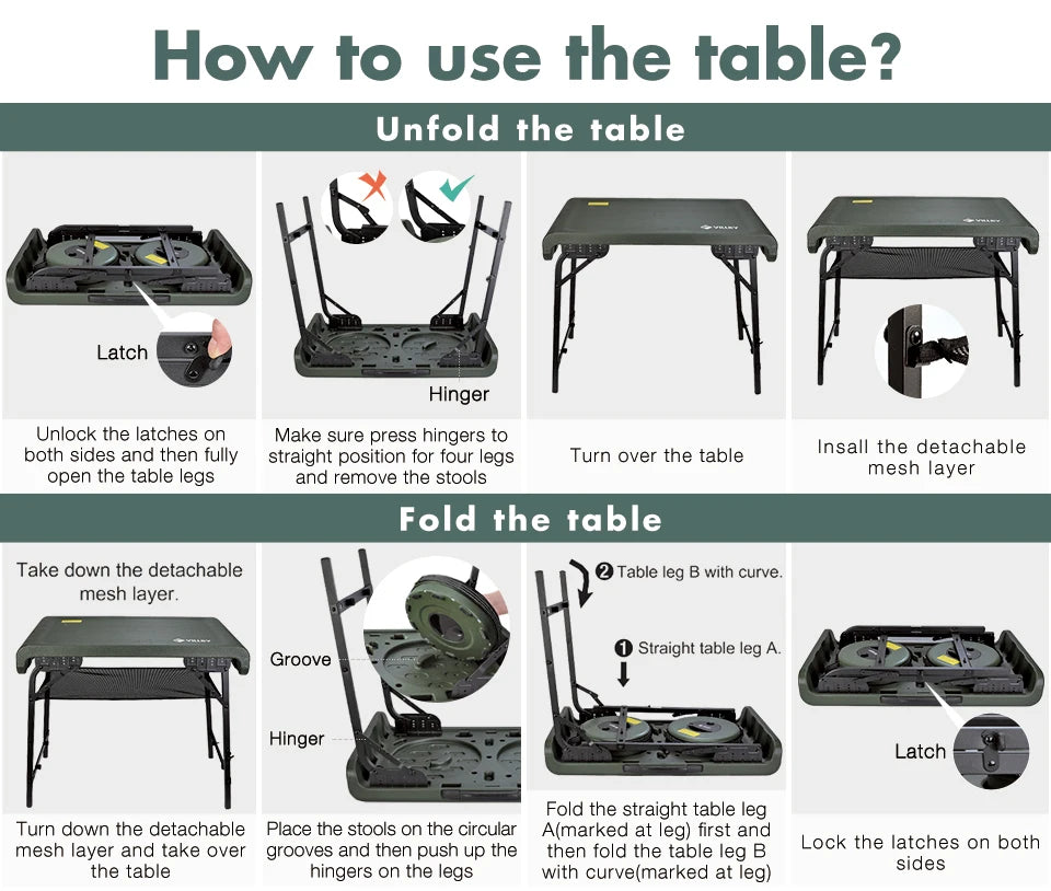 VILLEY Folding Camping Table Chair Set with Storage Organizer Portable Outdoor Furniture With Two Stools  for Garden Camping