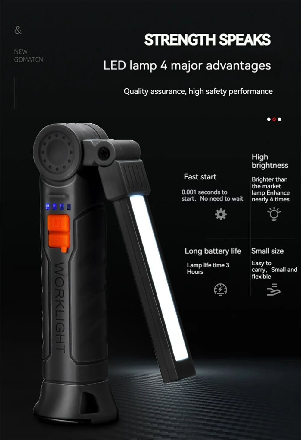 Rechargeable Camping LED Flashlight Work Light with Magnet and Hook IP64 Waterproof 5 Lighting Modes Suitable for Night Work