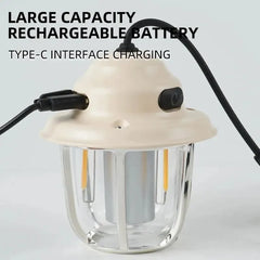 LED Camping Lamp 1200mAh Retro Hanging Tent Lamp 2700K/6500K Emergency Light Lantern IPX4 Waterproof Type C Charging for Outdoor