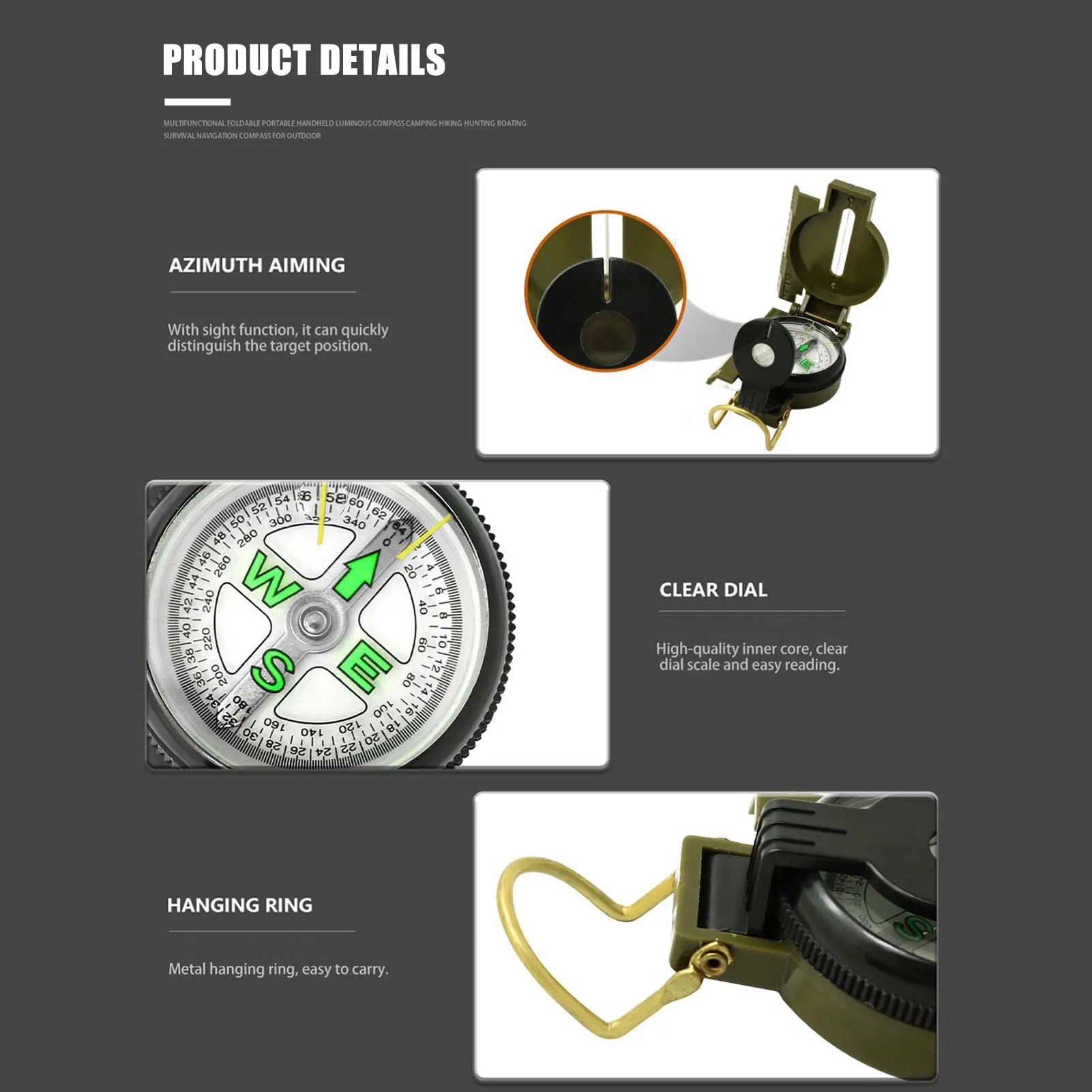 Multi-functional Portable Compass Phosphorescent Lensatic Compass for Hiking Camping Navigation Survival