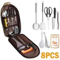 8Pcs/set Outdoor Camping Cookware Set With Knife Utensil Spoon Portable Picnic Kitchen Utensils Tableware Storage Handbag