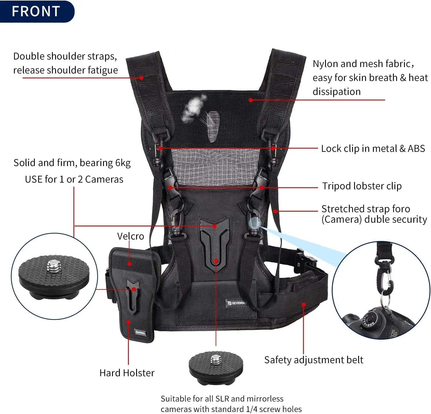 Sevenoak SK-MSP01 Dual Camera Harness Camera Strap Multi Carrying Chest Vest System for Canon Nikon Cameras Climbing Travel