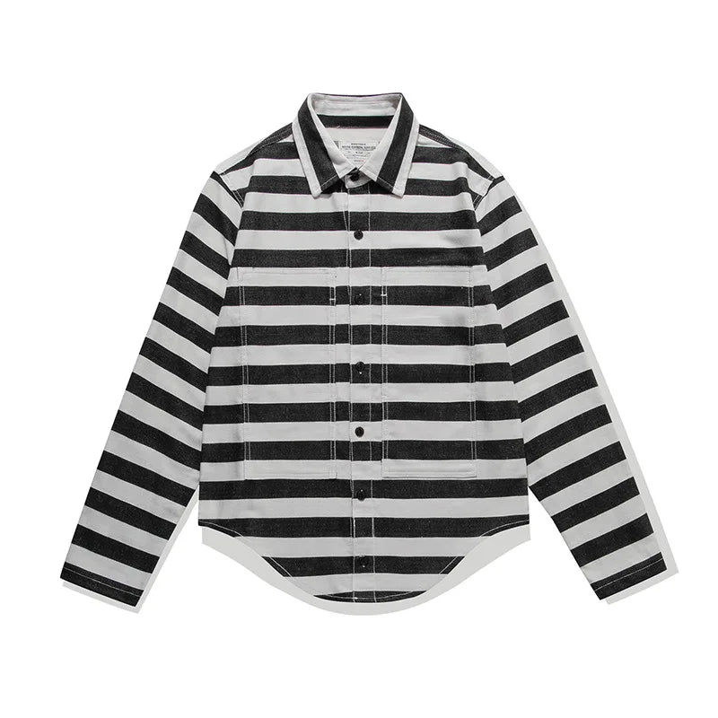 OKONKWO-Retro Black White Stripe Shirt Motorcycle Long Sleeve Stripe Cardigan Outdoor Trekking Camping Tooling Blouse Clothing