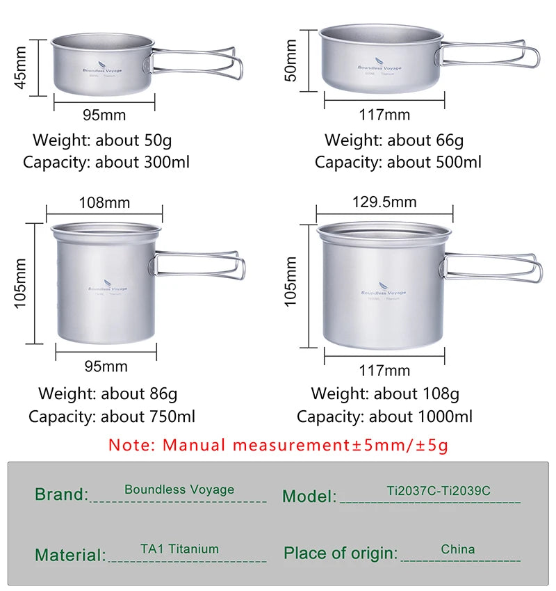 Boundless Voyage Outdoor Titanium Camping Pot Pan Set with Folding Handle Picnic Hiking Mini Size Cookware Mess Kit Ti2037-39C