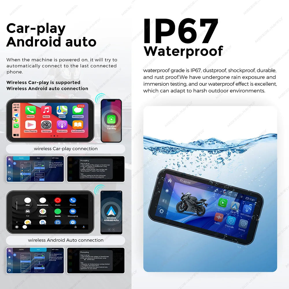 Portable 6.25 inch IP67 Waterproof Motorcycle GPS Navigation Wireless Carplay Android Auto DVR Drive Recorder Moto Monitor WIFI