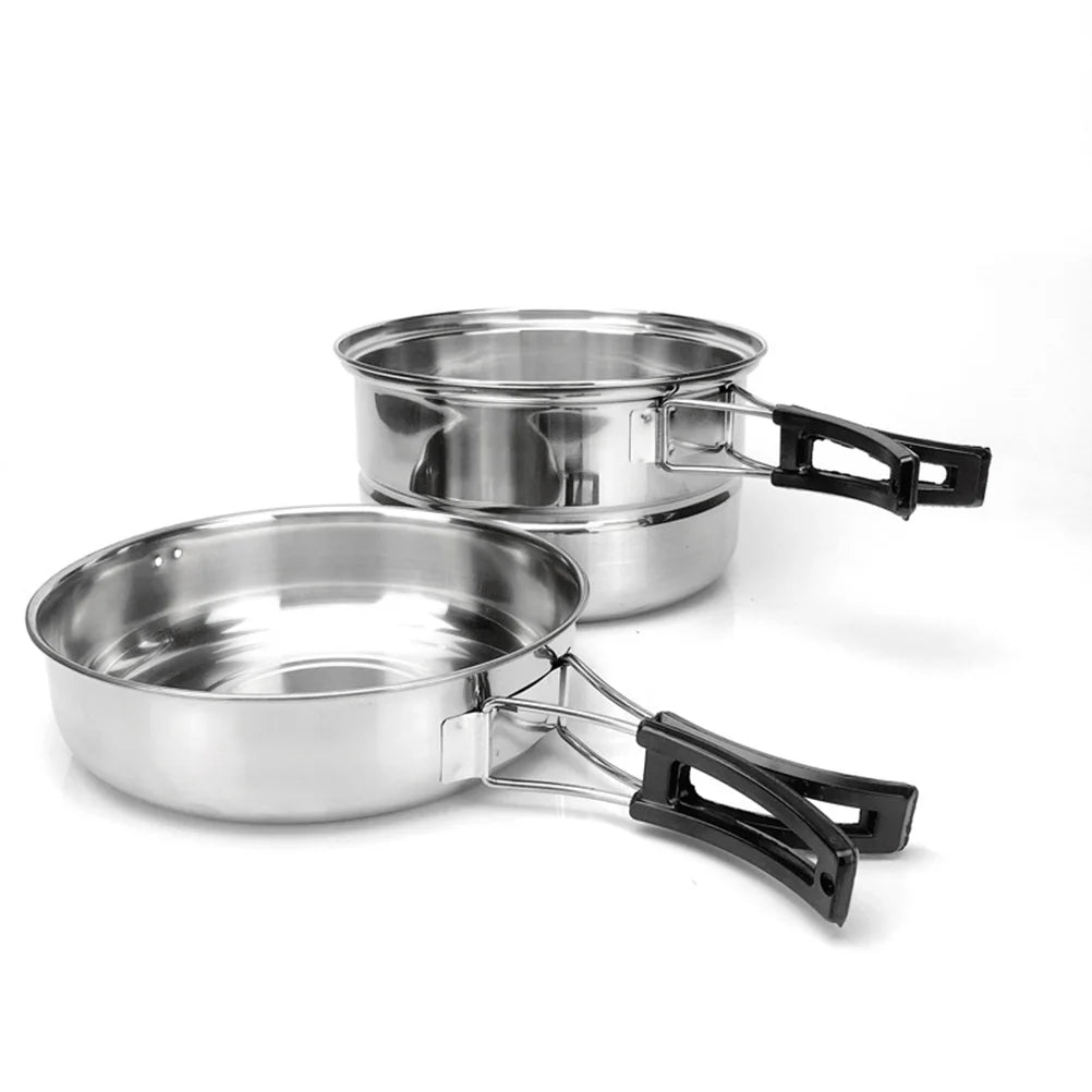 1 Set 3pcs Stainless Steel Outdoor Camping Picnic Pot Cookware Picnic Pan Set Cooking Tool Set for 2-3 People (Silver)