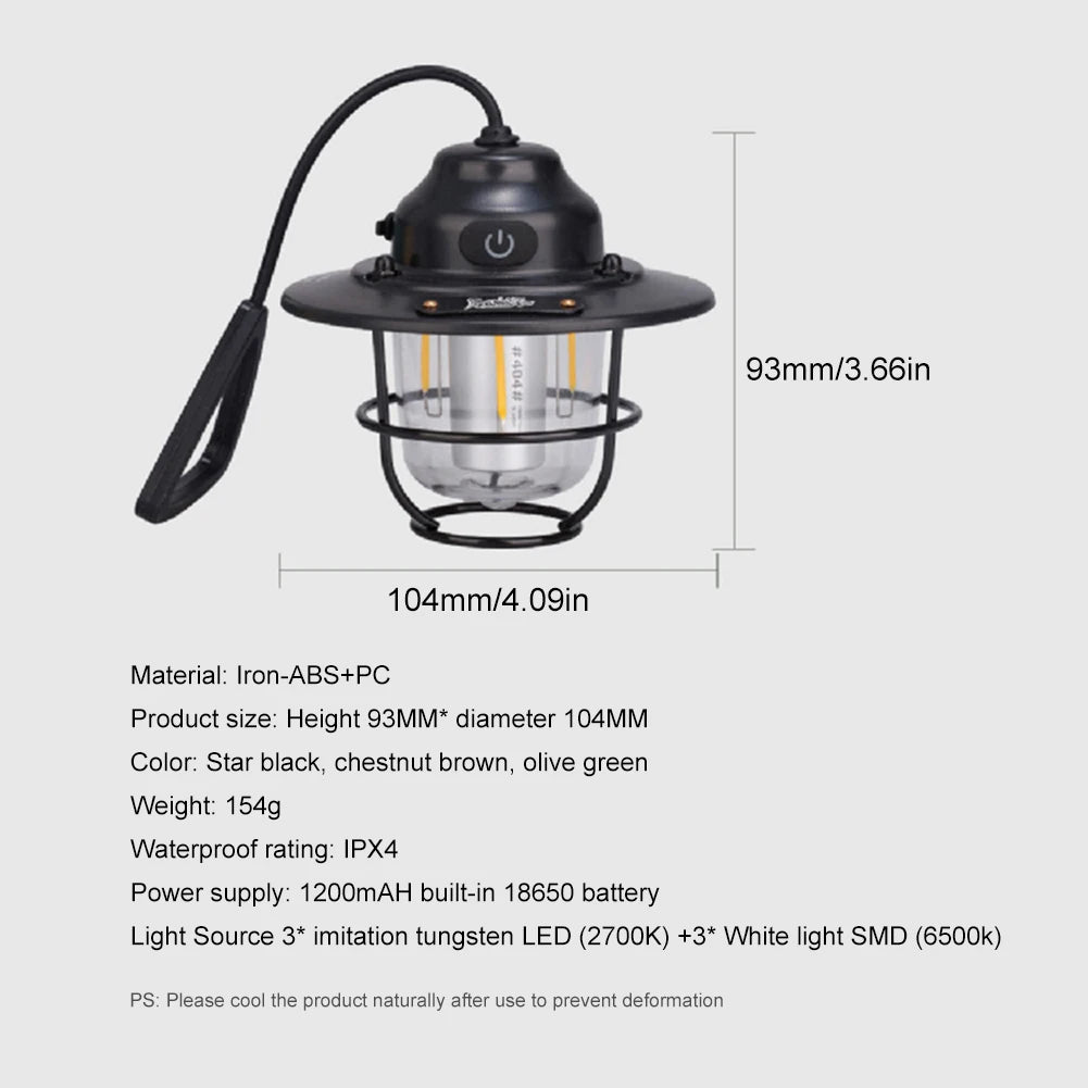 Mini LED Camping Lanterns Type-C Rechargeable Portable Hanging Tent Light 1200mAh for Hiking Fishing Emergency Light Lanterns