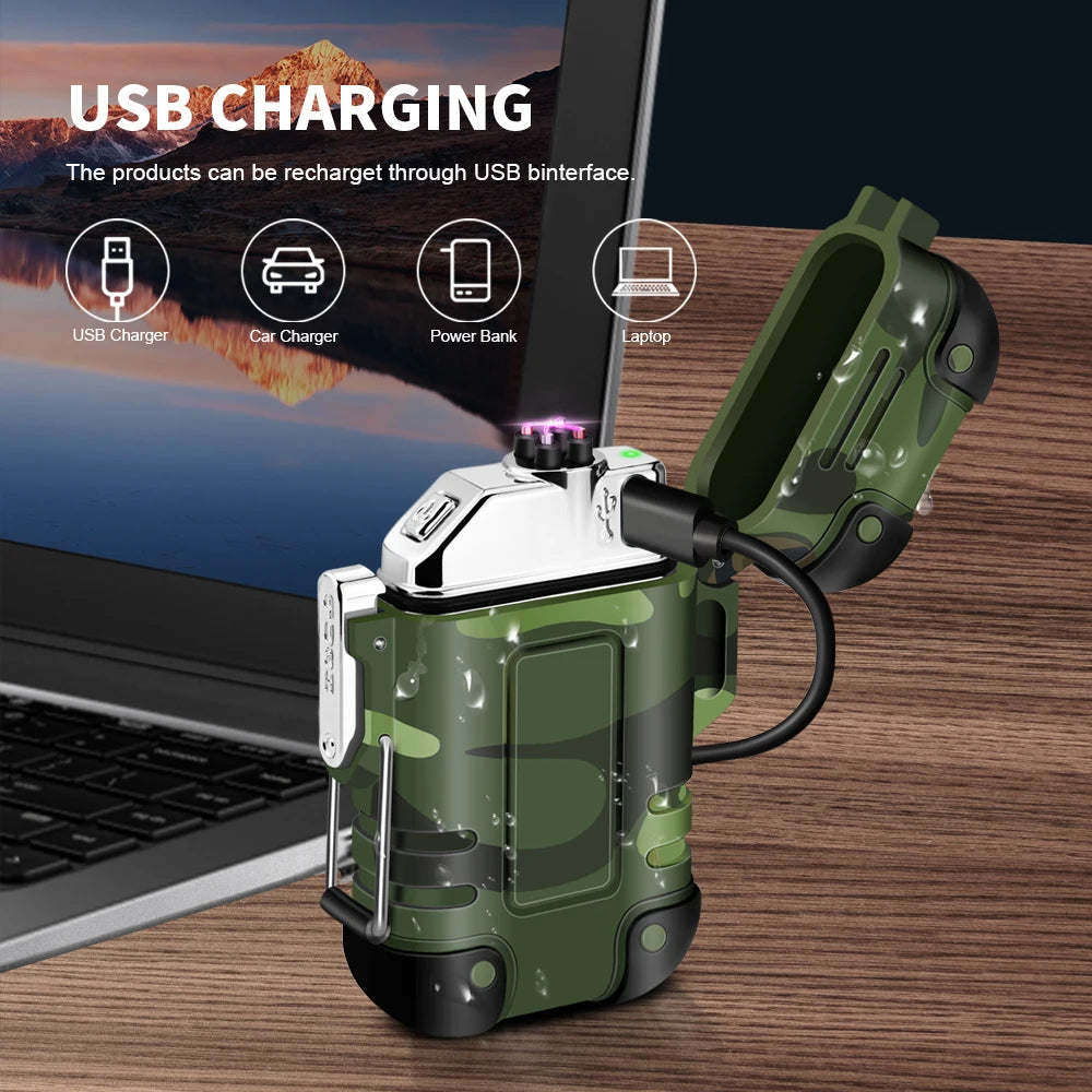 Waterproof USB Charging Electric Lighter Dual Arc Lighter Flameless Plasma Lighter Outdoor Hiking Camping Smoking Accessories