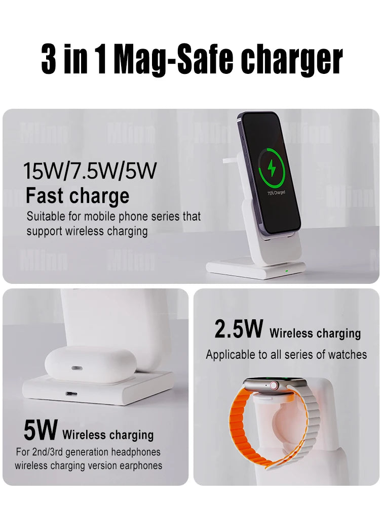 3 in 1 Wireless Charging Magnetic Station Foldable Fast Charger Stand Portable Battery Power Bank for MagSafe iPhone 15/14/13/12