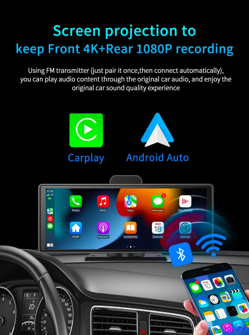 2024  10.26" Dash Cam 4K 2160P Rearview Camera Carplay & Android Auto GPS Navigation with Voice Control Car DVR BT FM Monitor