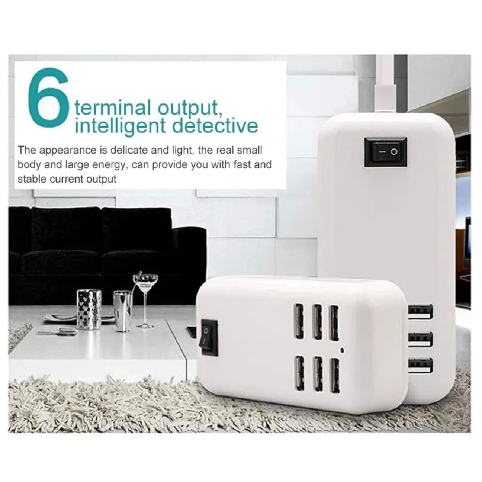 Portable 6 Ports USB Phone Charger Splitter 30W Desktop Wall Charging Extension Station Power Adapter For Smartphone USB Device