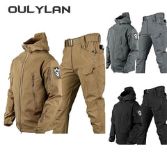 2024 NEW Shark Skin Warmth Jackets Pants Set Men Tactical Camo Jacket Trousers Autumn Winter Thicken Soft Shell Clothes