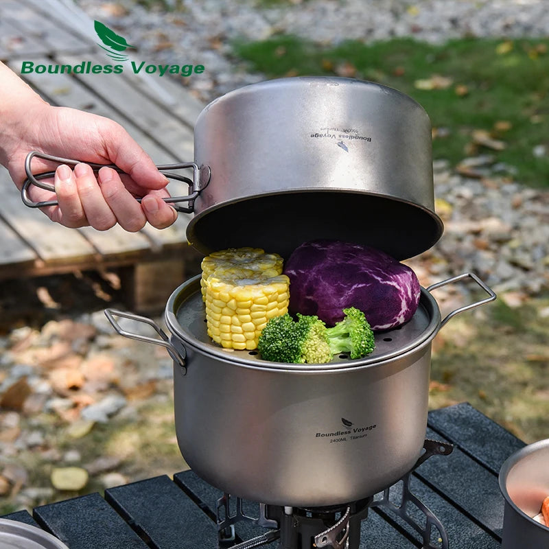 Boundless Voyage Titanium Camping Cookware Mess Kit Portable Camp Frying Pan and Pots Set with Steaming Grid for Outdoor Picnic