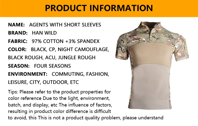 HAN WILD Tactical T-Shirt Combat Shirt for Men Clothing Camouflage Shirts Tops Short Sleeve Summer Hiking Climbing Clothes