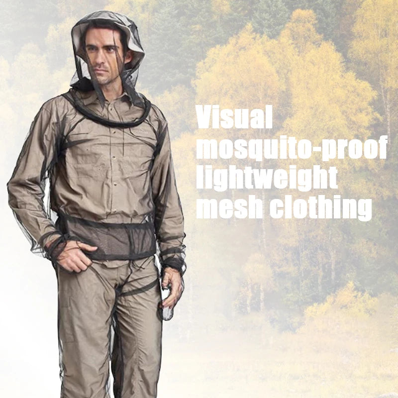 Mesh Hooded Mosquito-Proof Suit Outdoor Fishing Adventure Insect-Proof Clothing Set Camping Hiking Anti-Mosquito Bite Clothes