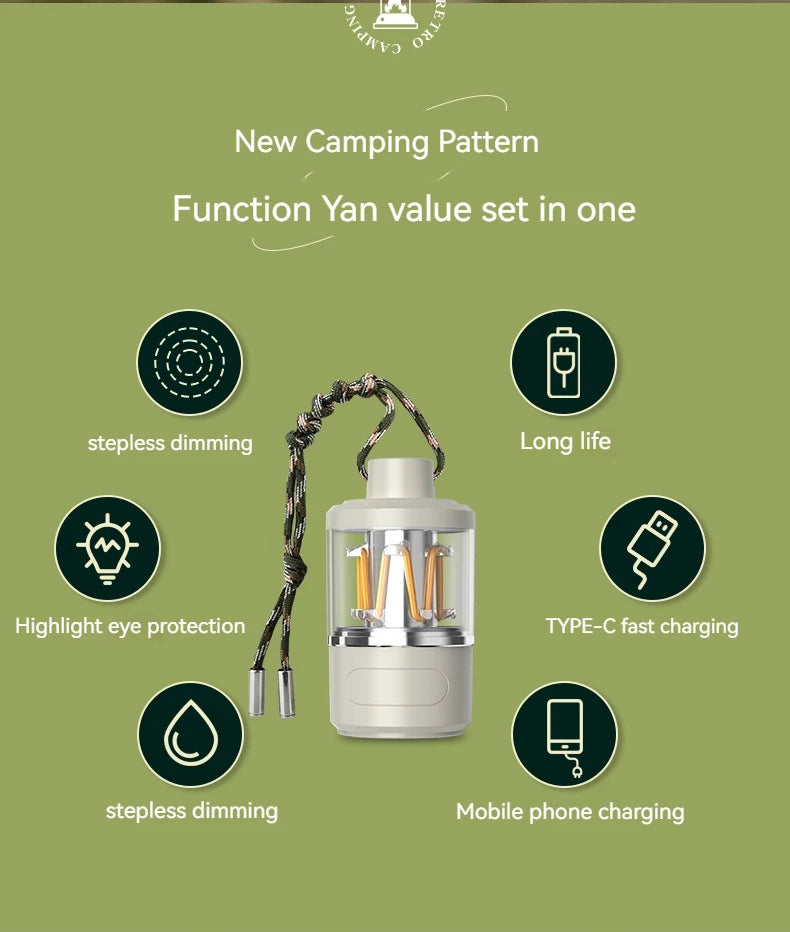 LED Tungsten Core Camping Light Portable Lanterns Rechargeable Outdoor Camping Fishing Emergency Flashlight Lamp with Rope