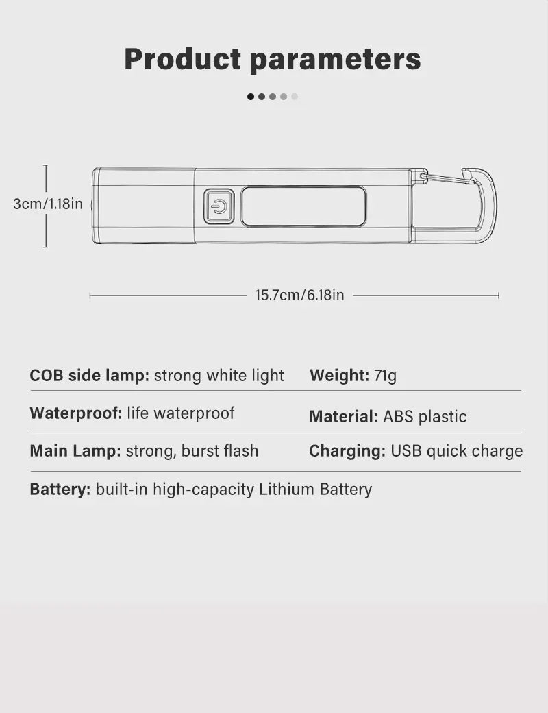 Mini LED Torch Light XPE COB Side Light Protable Flashlight with Hook Camping Light USB Rechargeable Zoomable Waterproof Lantern