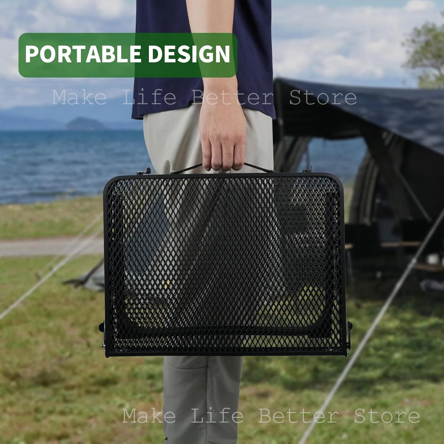 Outdoor Folding Grid Table Multifunctional Iron Mesh Portable Picnic Camping Table And Chairs Equipment Barbecue Table