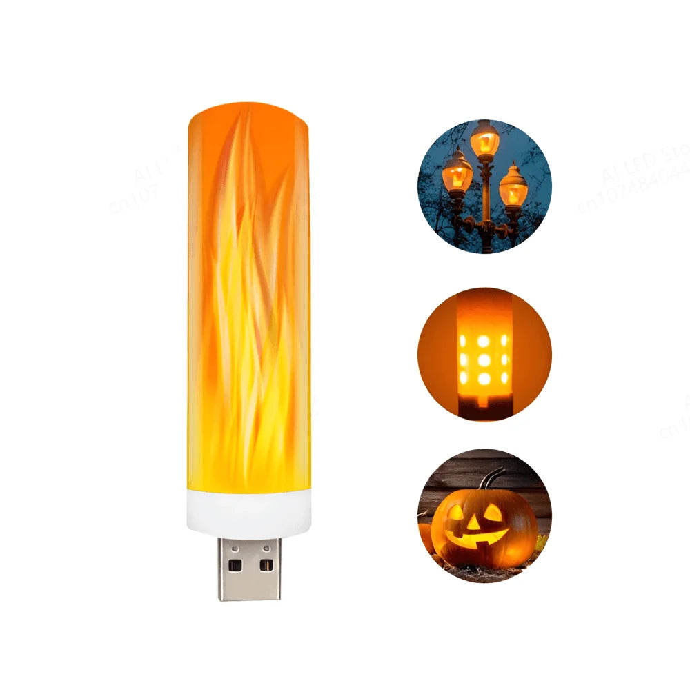 USB LED Atmosphere Light Flame Flashing Candle Lights Book Lamp for Power Bank Camping Lighting Cigarette Lighter Effect Light