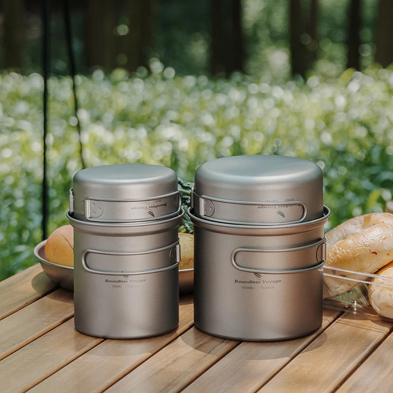 Boundless Voyage Outdoor Titanium Camping Pot Pan Set with Folding Handle Picnic Hiking Mini Size Cookware Mess Kit Ti2037-39C