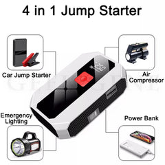 4 In 1 Car Jump Starter Power Bank Air Compressor Inflator Pump 1200A Portable Power Station Car Battery Charger Booster