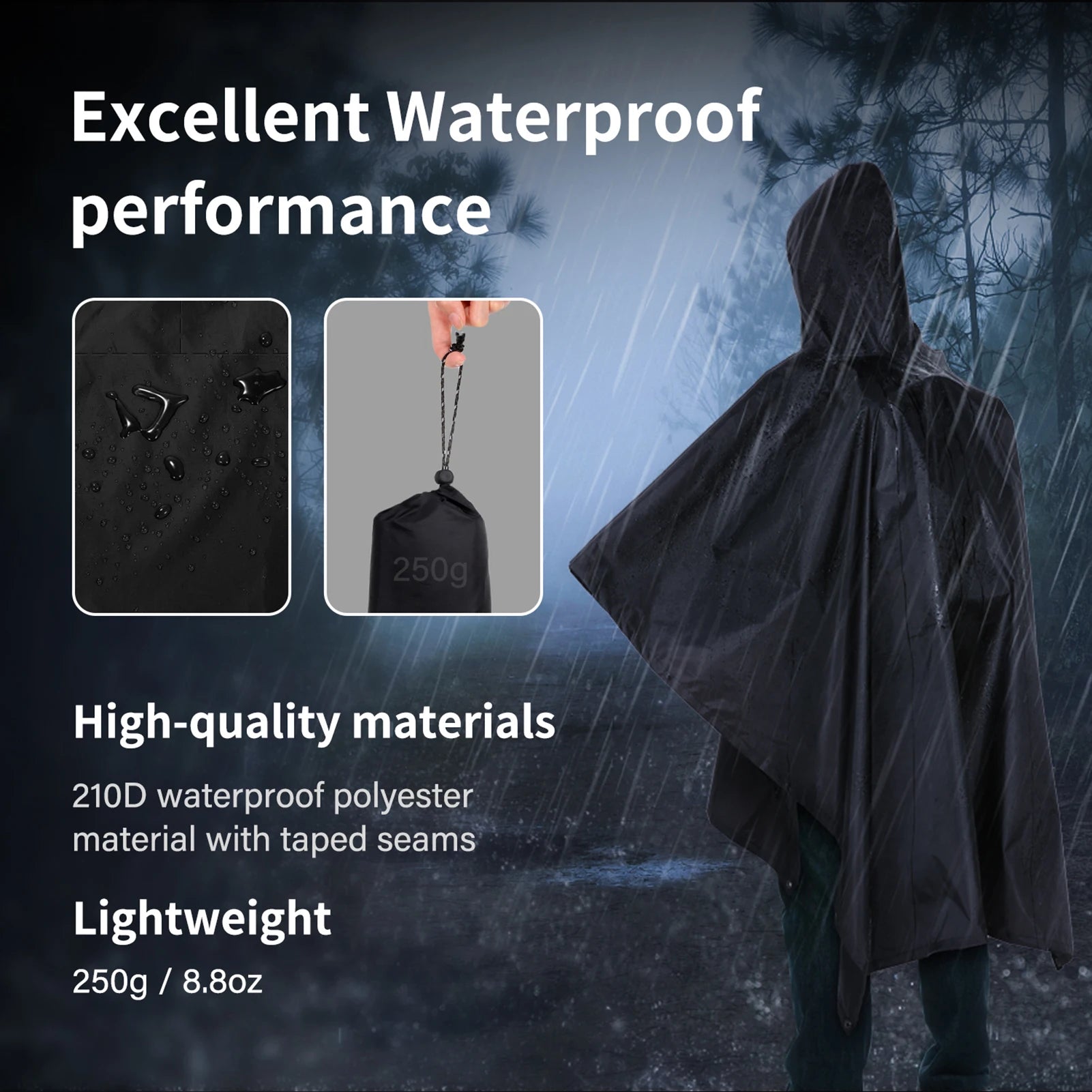 3-in-1 Waterproof Rain Poncho Lightweight Hooded Rain Coat Picnic Mat Blanket Sun Shelter for Outdoor Camping Cycle Climbing