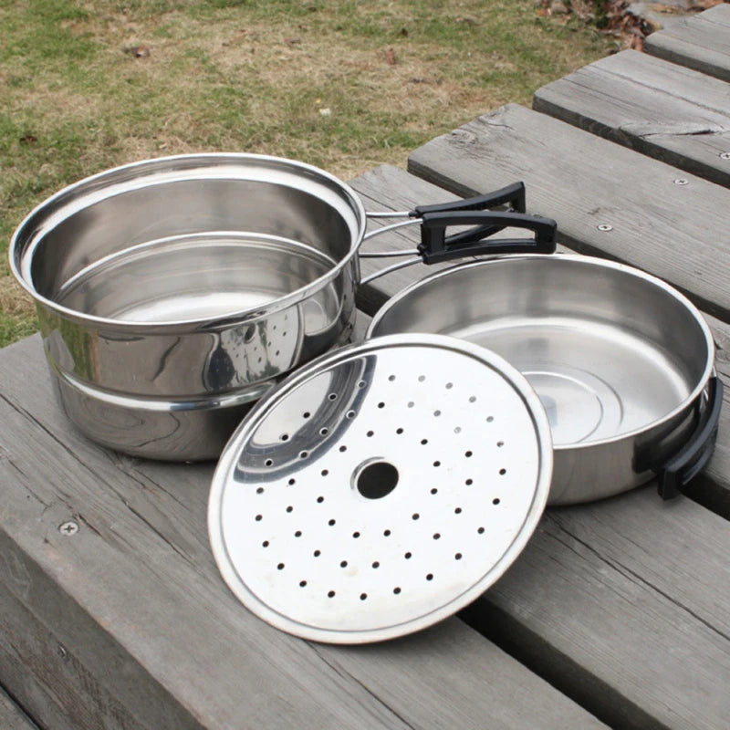 1 Set 3pcs Stainless Steel Outdoor Camping Picnic Pot Cookware Picnic Pan Set Cooking Tool Set for 2-3 People (Silver)