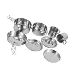 8PCS/SET Camping Cookware Kit Portable Lightweight Stainless Steel Cooking Pot Pan Set W/ Plates Cups for Outdoor Picnic Hiking