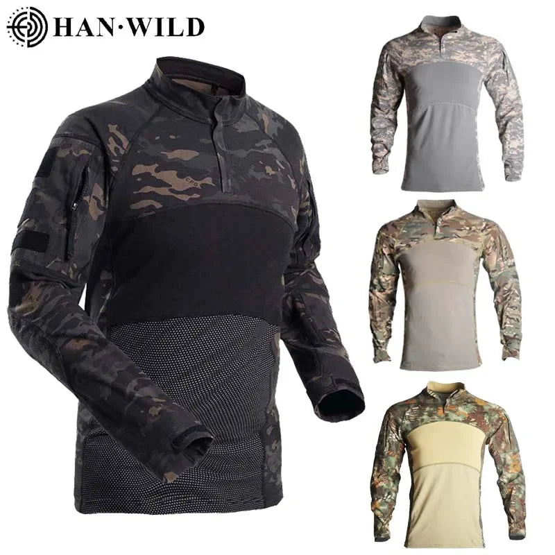 HAN WILD Tactical Shirt Men Clothing Elasticity Hunting Shirts Combat Shirt Camo Softair Climbing Shirt Hiking Camping Clothing