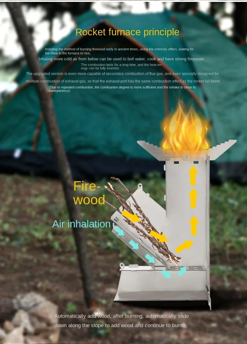 Outdoor Foldable Camping Wood Stove Lightweight Stainless Steel Rocket Wood Burning Stove Suitable for Outdoor Camping Barbecue