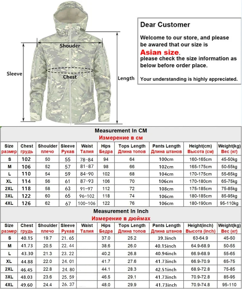 5XL 6XL Men's Tactical Hiking Shark Skin Soft Shell Wind Proof Waterproof Hooded Thermal Outdoors Field Tactical Jacket Pants