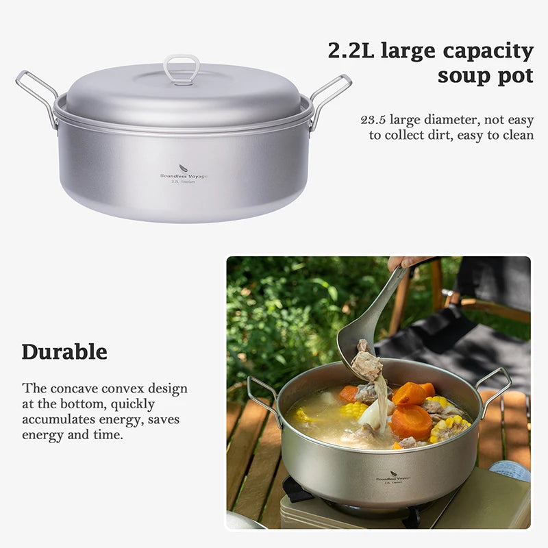 Boundless Voyage 2.2L Titanium Stock Pot & 2L Steamer Outdoor with Lid Soup Pot Kitchen Camping Cookware with Folding Handle