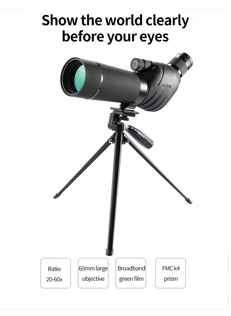 20-60x80mm Zoom Monocular Spotting Scope Powerful Telescope Bak4 Prism Waterproof For Camping Bird Watching Shooting