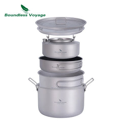 Boundless Voyage Outdoor Camping Titanium Pot Pan Kettle Set Travel Portable Cookware Steamer Pot Cooking Mess Kit for 1-4 Man