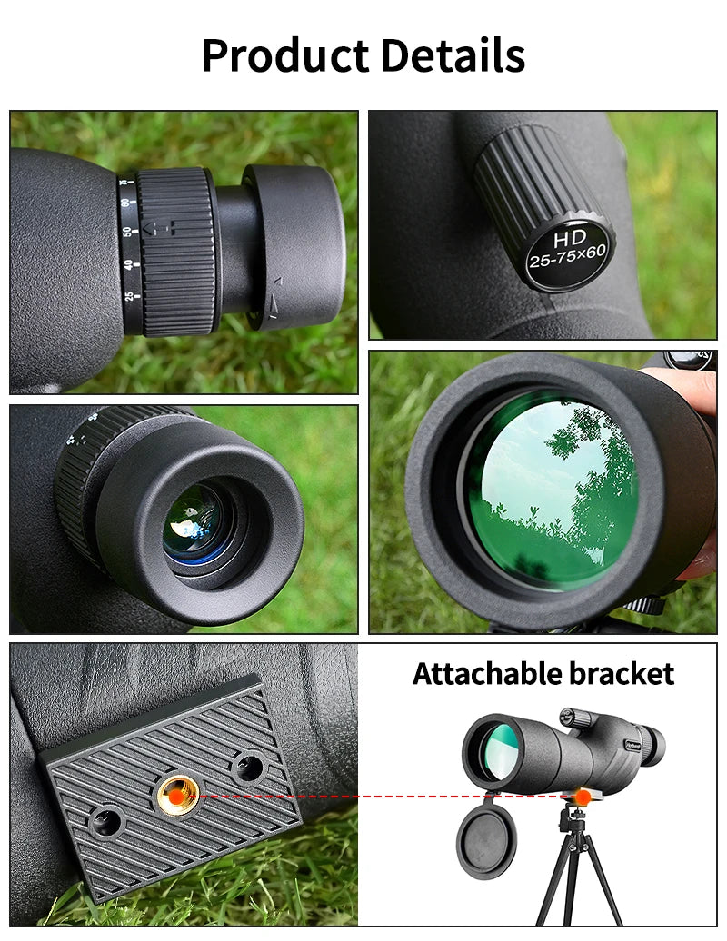 25-75x60 Spotting Scope zoom Monocular high power telescope BAK4 Prism Waterproof Birdwatching Target Shooting Camping hunting