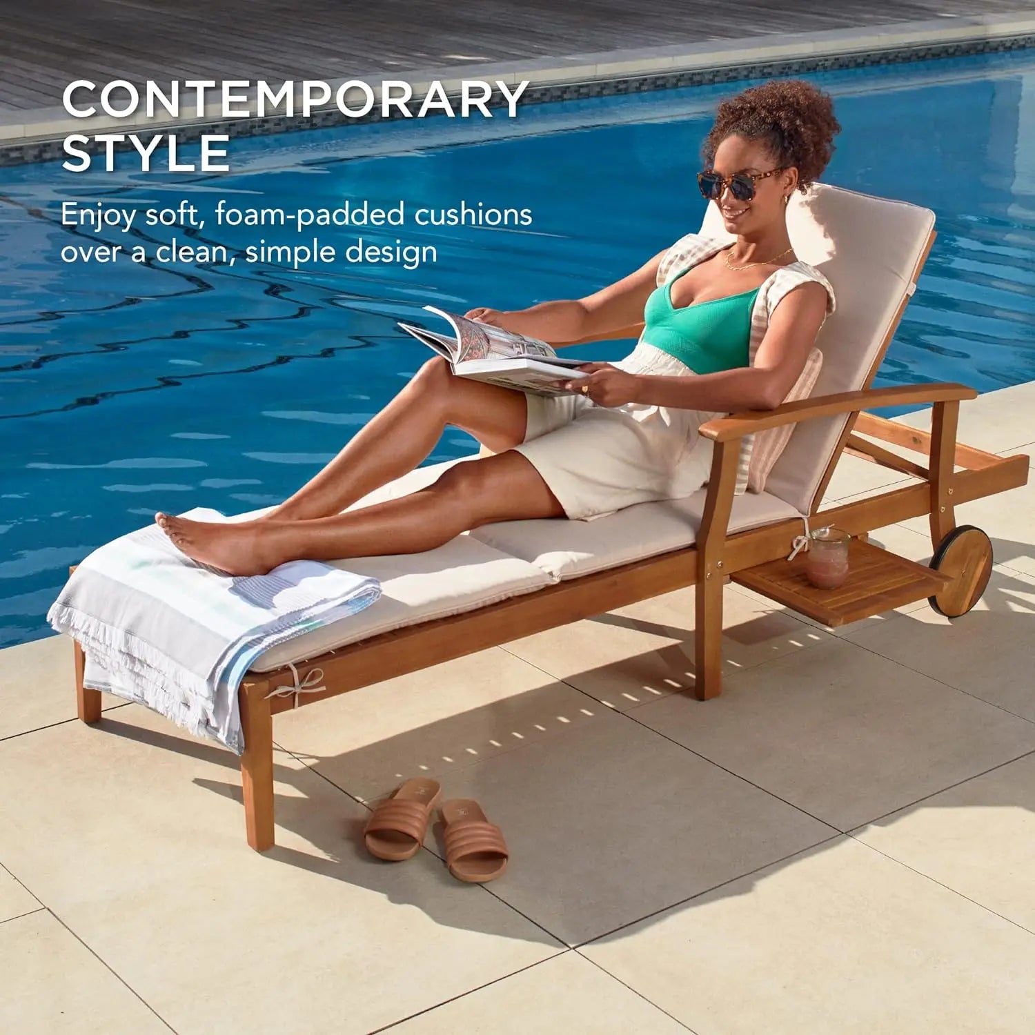 Poolside W/Slide-Out Side Table Outdoor Chair Foam-Padded Cushion Folding Bed 79x26in Acacia Wood Chaise Lounge Chair Recliner