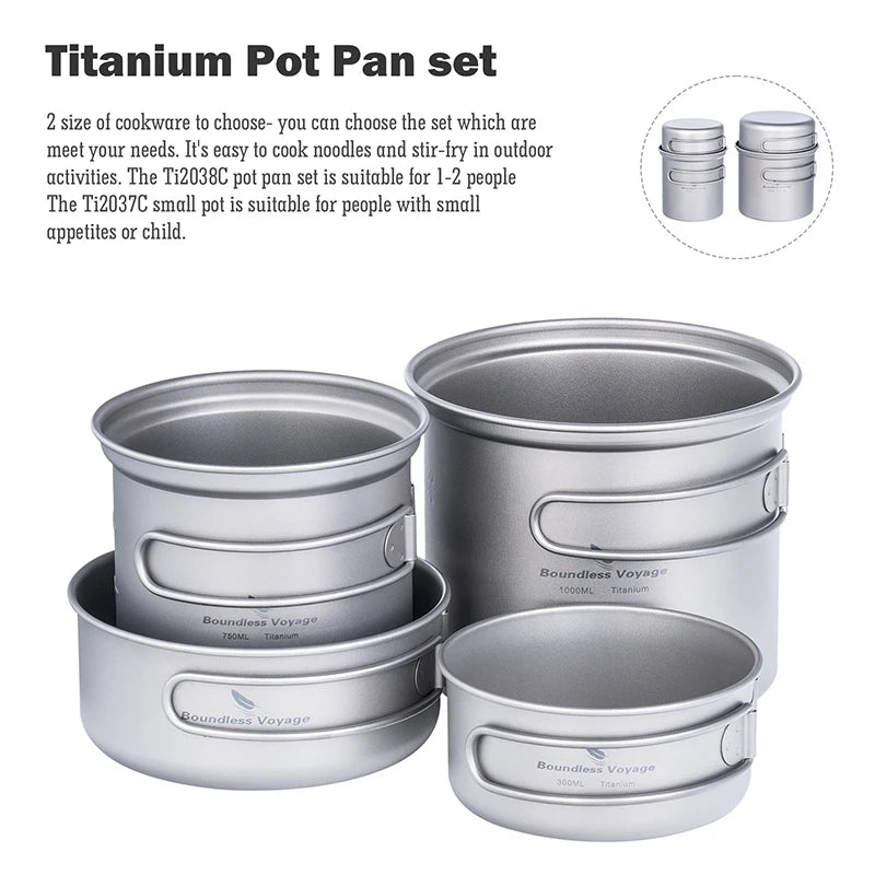 Boundless Voyage Outdoor Titanium Camping Pot Pan Set with Folding Handle Picnic Hiking Mini Size Cookware Mess Kit Ti2037-39C