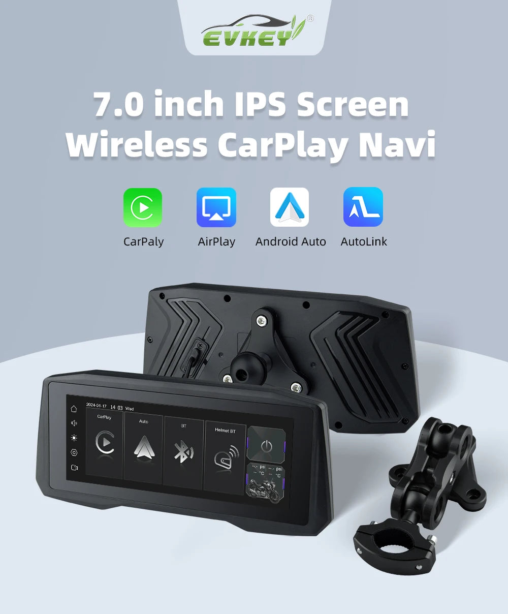 EVKEY New 7inch Motorcycle Navigation Wireless CarPlay Android Auto Airplay Display Screen Portable Motorcycle Monitor