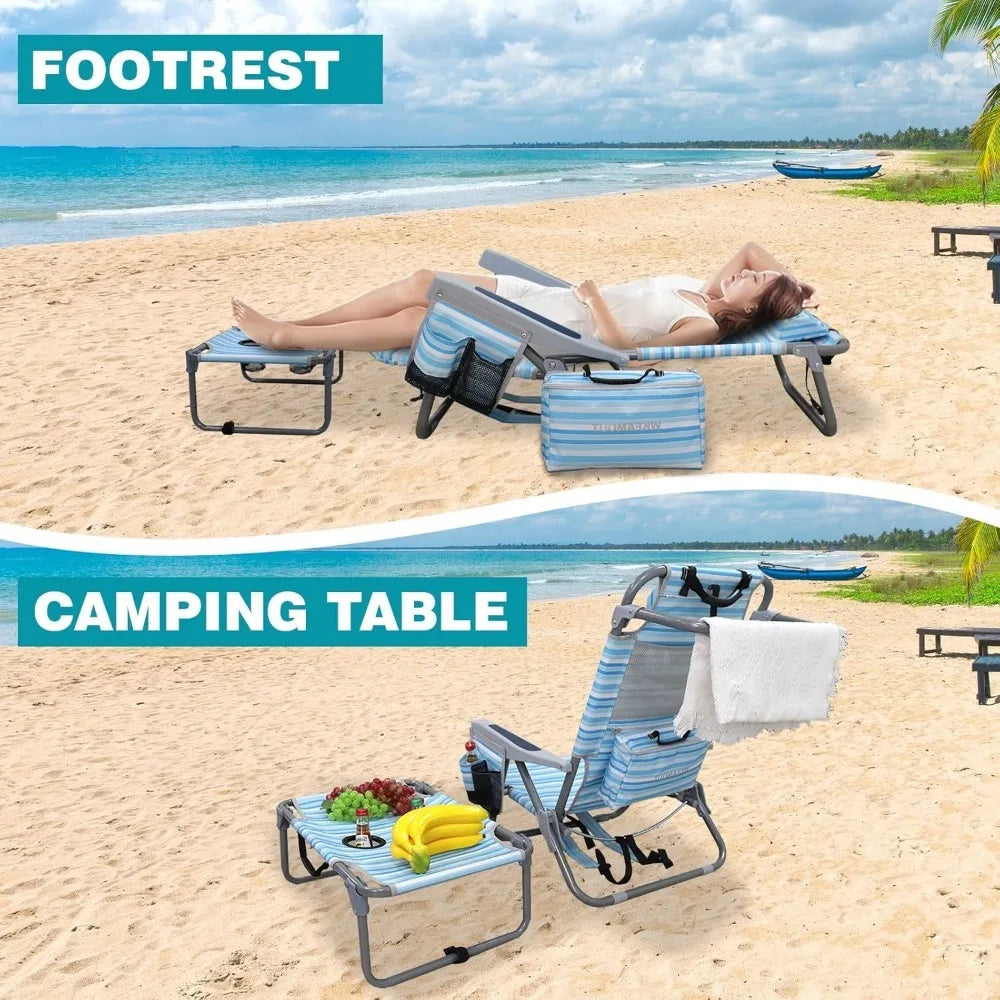 Backpack Folding Beach Chairs Set of 2 Heavy Duty 350Ibs with Camping Table Portable Lay Flat Beach Chair 5-Position Adjustable