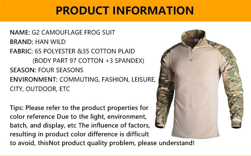 HAN WILD Men's Shirts Softair Combat Tactical Clothing Hunting Uniform Camouflage Airsoft Climb Clothes Camping Shirts Big Size