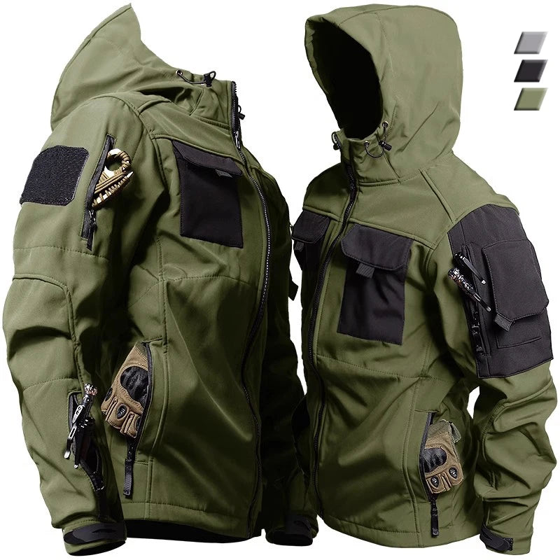 Mens Shark Skin Tactical Hooded Jackets Waterproof Fleece Soft Shell Multi-pockets Wear-resisting Jacket Outdoor Combat Coats