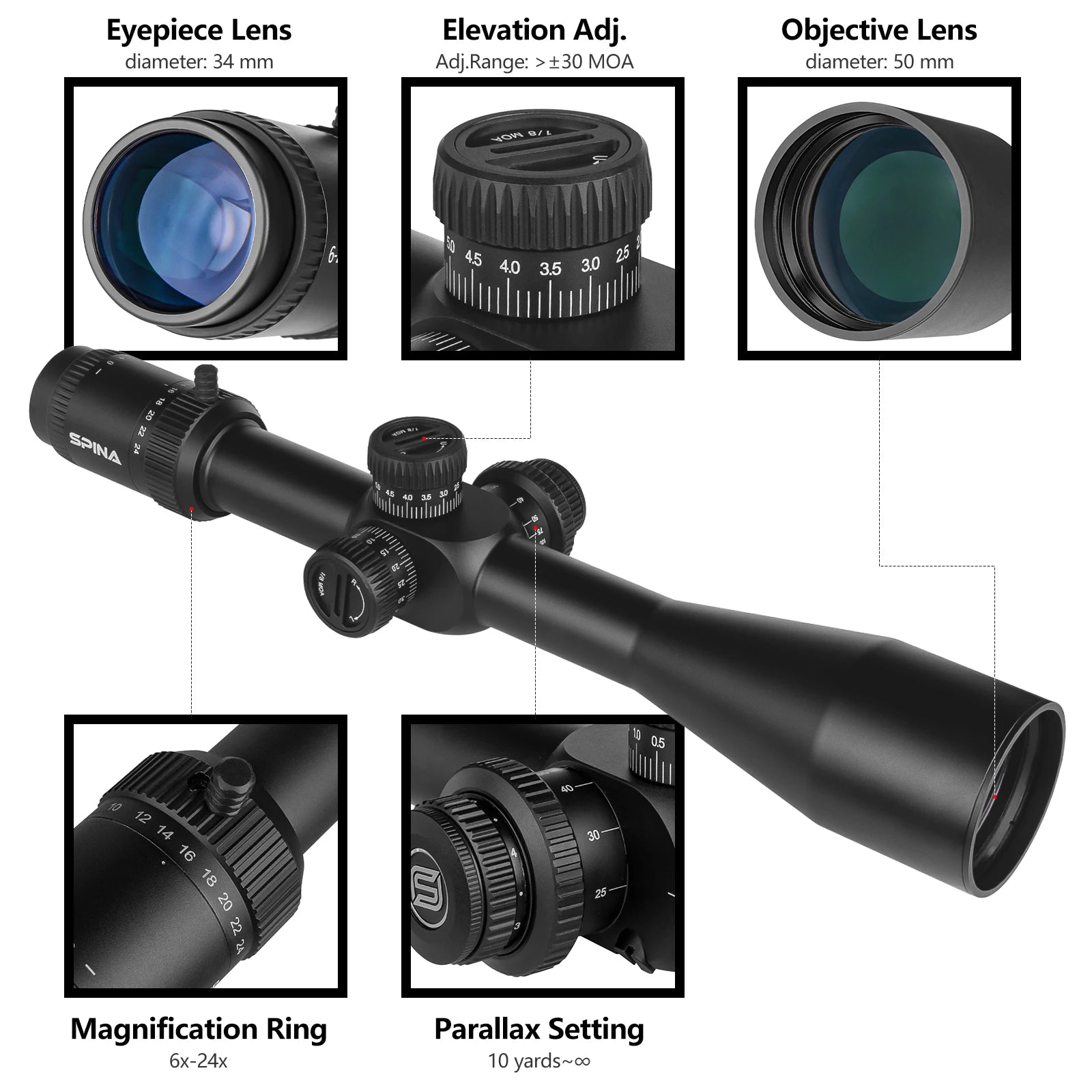 SPINA Optics 6-24x50 FFP/SFP Spotting Scope Rifle Hunting Illuminated Hunting Turrets Lock Reset Optical Sights Outdoor Hunting