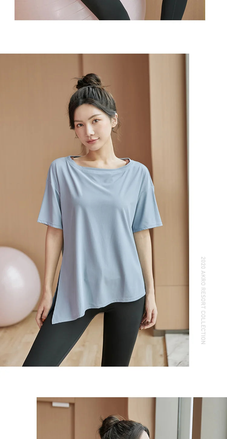 Gym Sports Tops Women's Yoga Clothing Running Loose Slim Quick Dry Training Short Sleeve Thin Tops Fitness Tops Fall Gym Split