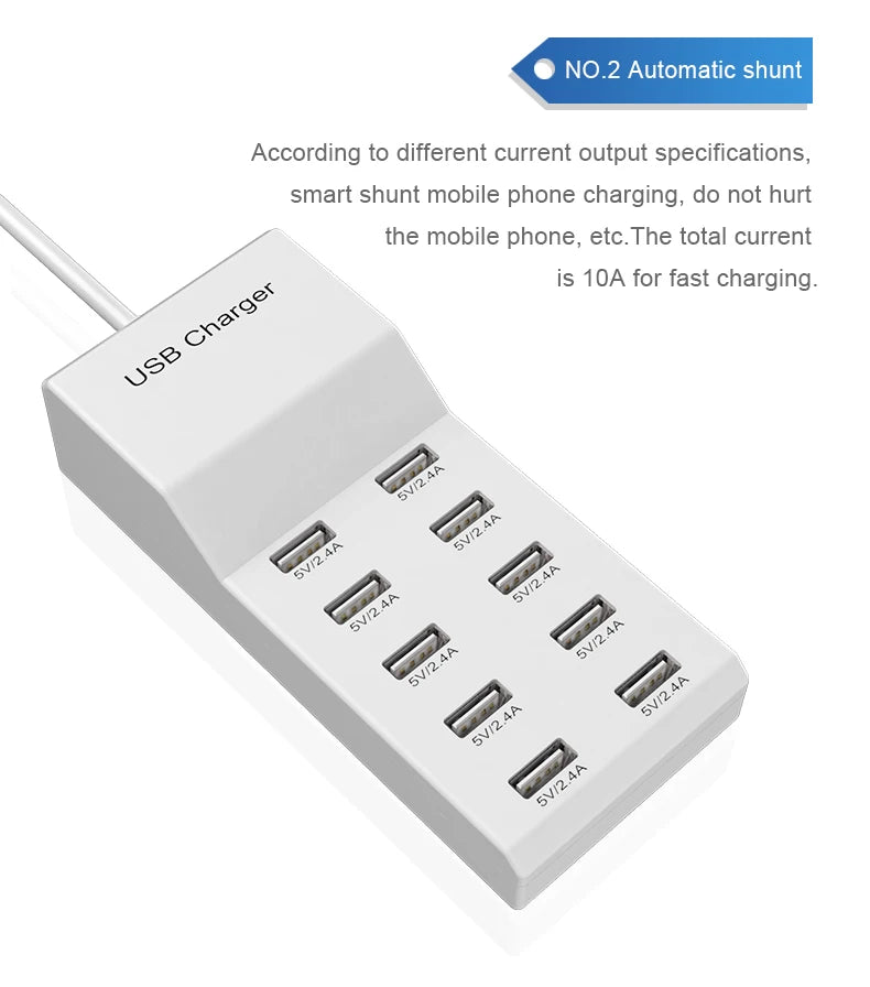 10 Ports 5V USB Hub AC Charger Strip Adapter Portable USB Power Adapter for Home Office Travel Wall Charger EU Plug