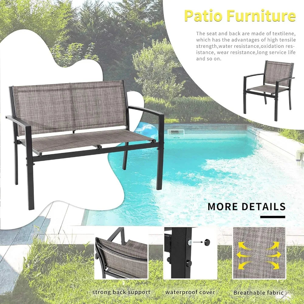 Loveseat Portable Folding Chair Lawn 2 Single Chairs for Home Garden With Glass Coffee Table Porch（Black） Outdoor Furniture