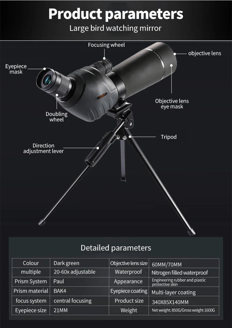 20-60x80mm Zoom Monocular Spotting Scope Powerful Telescope Bak4 Prism Waterproof For Camping Bird Watching Shooting