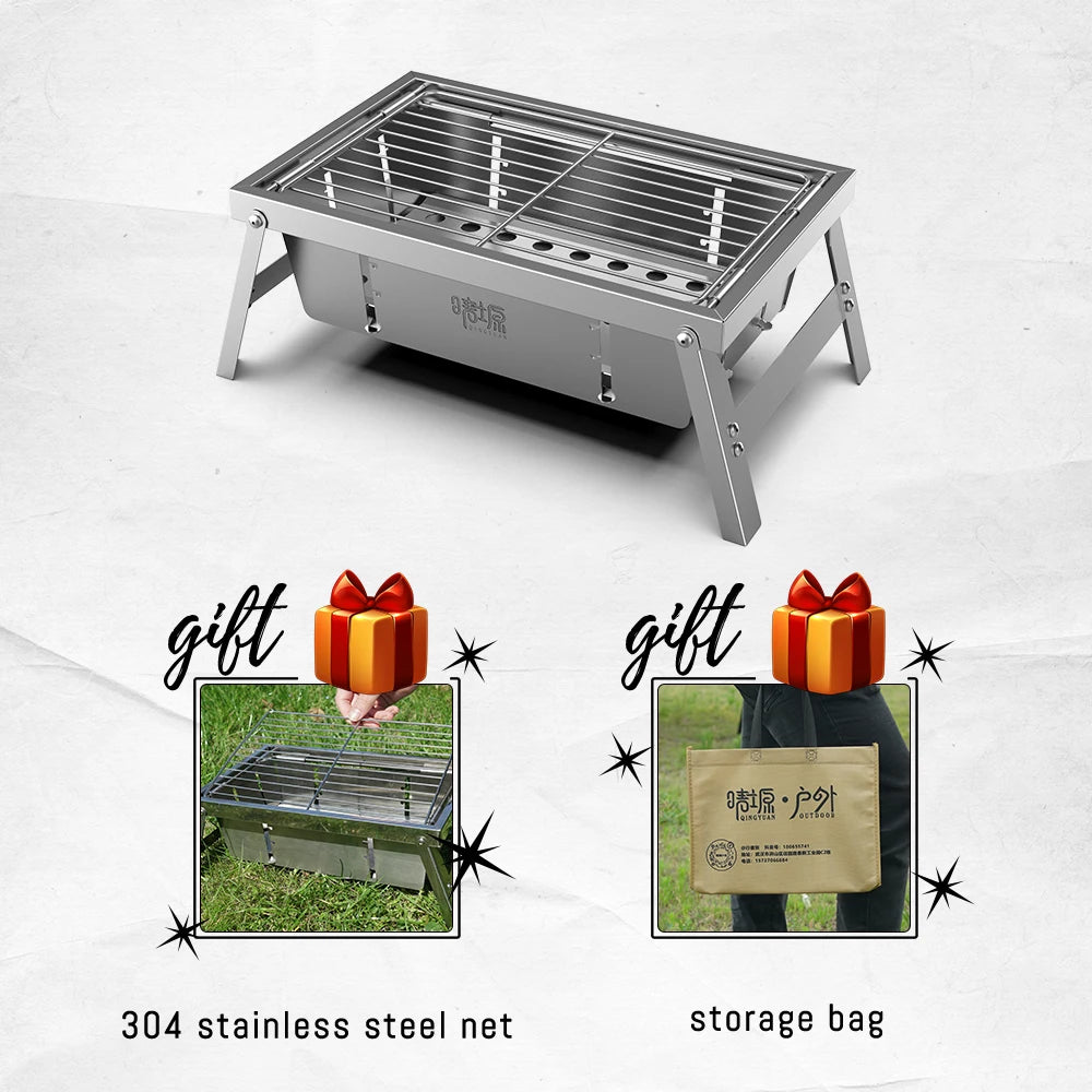 Camping Grill Stove Portable Outdoor Charcoal Household Folding Stainless Steel BBQ Wood Stove Picnic Detachable Roasting Stove