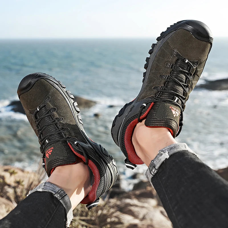 HIKEUP New High Quality Men Hiking Shoes Durable Leather Climbing Shoes Outdoor Walking Sneakers Rubber Sole Factory Outlet