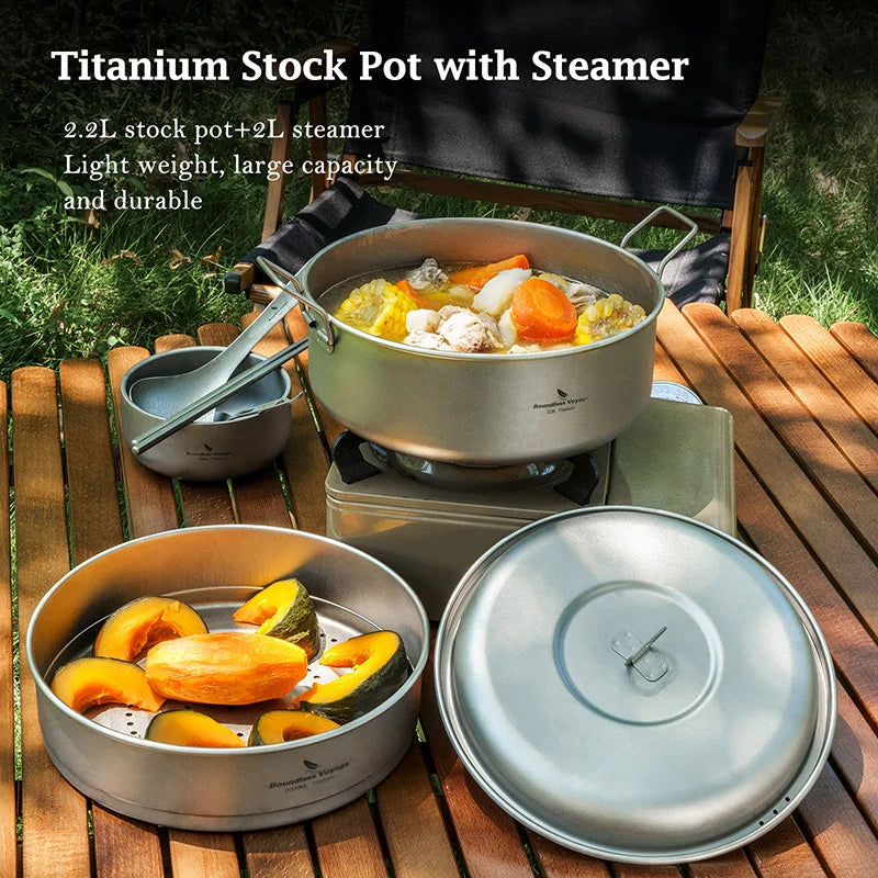 Boundless Voyage 2.2L Titanium Stock Pot & 2L Steamer Outdoor with Lid Soup Pot Kitchen Camping Cookware with Folding Handle